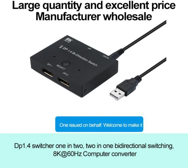 Alt view image 7 of 8 - Displayport 8K DP 1.4 Splitter Switch 2 Ports Bi-Direction 8K@60Hz 4K@144Hz Converter Ultra HD 8K 3D HDCP