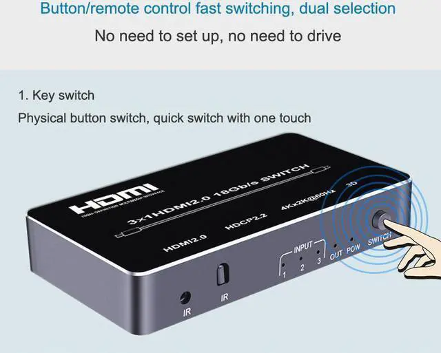 Alt view image 7 of 8 - 3 In 1 Out 4K HDMI Switcher 3840x2160@60hz HDMI 2.0 Switch Selector for Laptop TV Box PS3 PS4 DVD