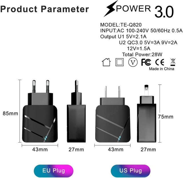 Alt view image 7 of 8 - 2-Port USB Quick Charge 3.0 Technology Fast Charging Charger US Plug Standard 28W DUAL USB Charger for Iphone Xiaomi