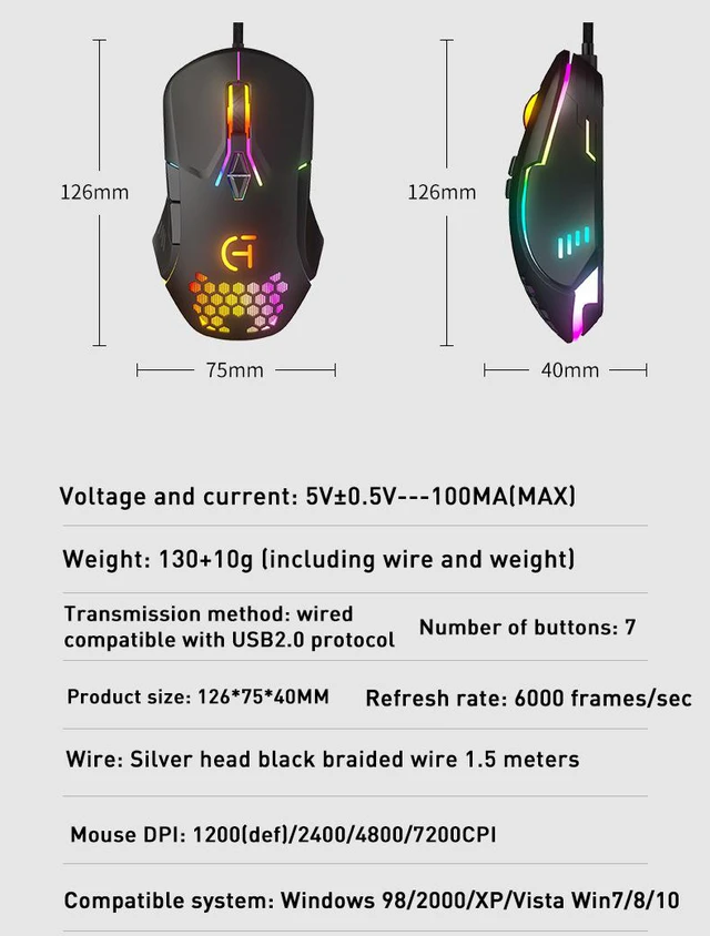 Alt view image 7 of 8 - Ergonomic USB Wired Optical Mouse RGB Colorful Lights Esport Mouse 7200DPI 7 Button For Laptop PC Computer Gaming Mice 1.5M