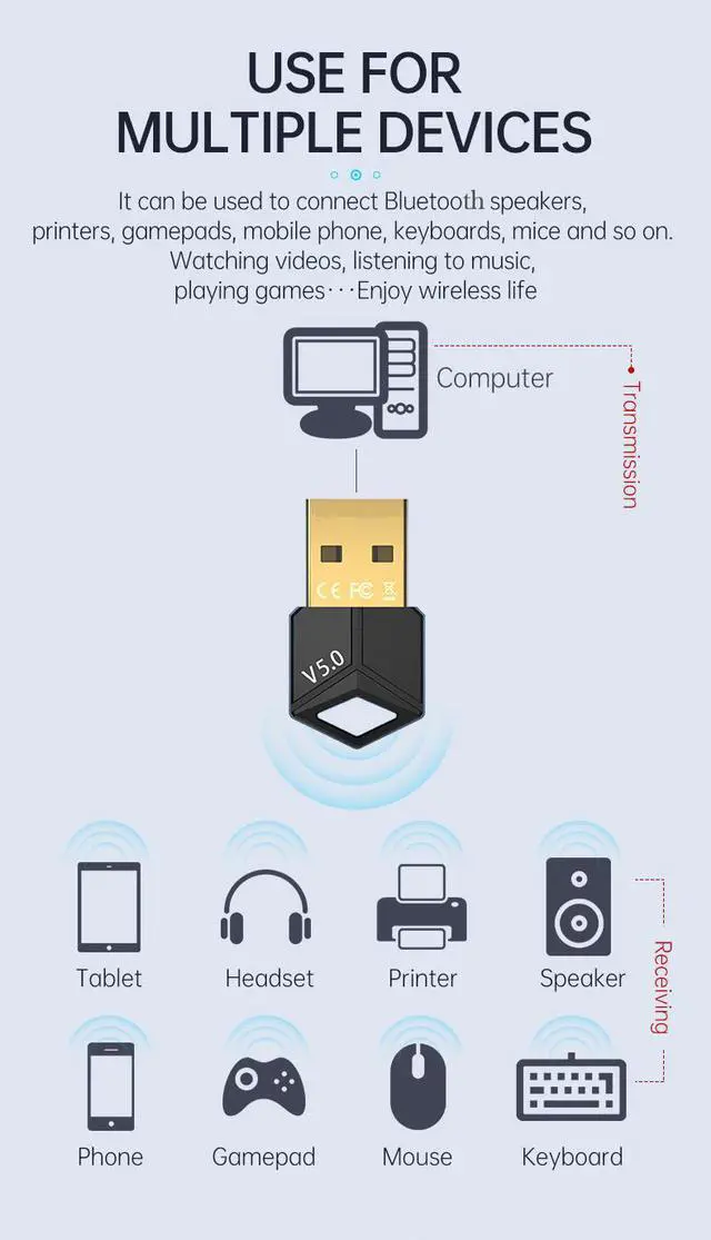 Alt view image 5 of 8 - USB Bluetooth 5.0 Adapter Receiver 4.1+ 4.2+ 5.0 Bluetooth Wireless Dongle Adapter for PC Laptop 5.0 BT Transmitte (BLACK)