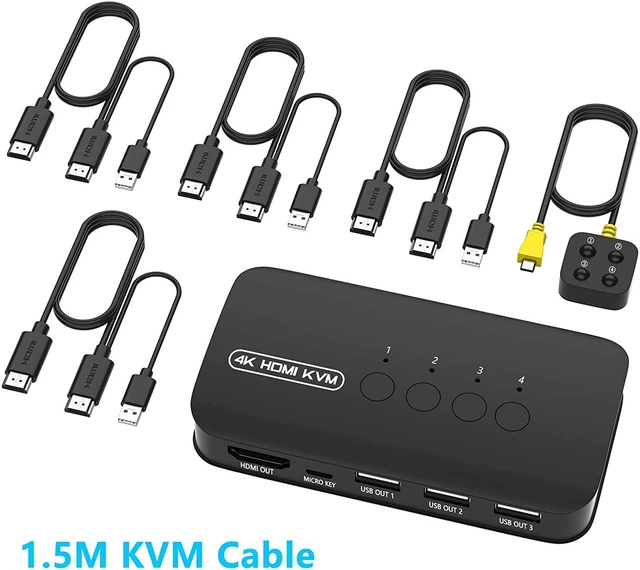 Alt view image 7 of 8 - HDMI KVM Switch 4 Ports USB HDMI Switcher for 4 Computers Share Keyboard Mouse Printer and One HD 4K Monitor 4K@30Hz/1080P with 4 USB & HDMI Cables