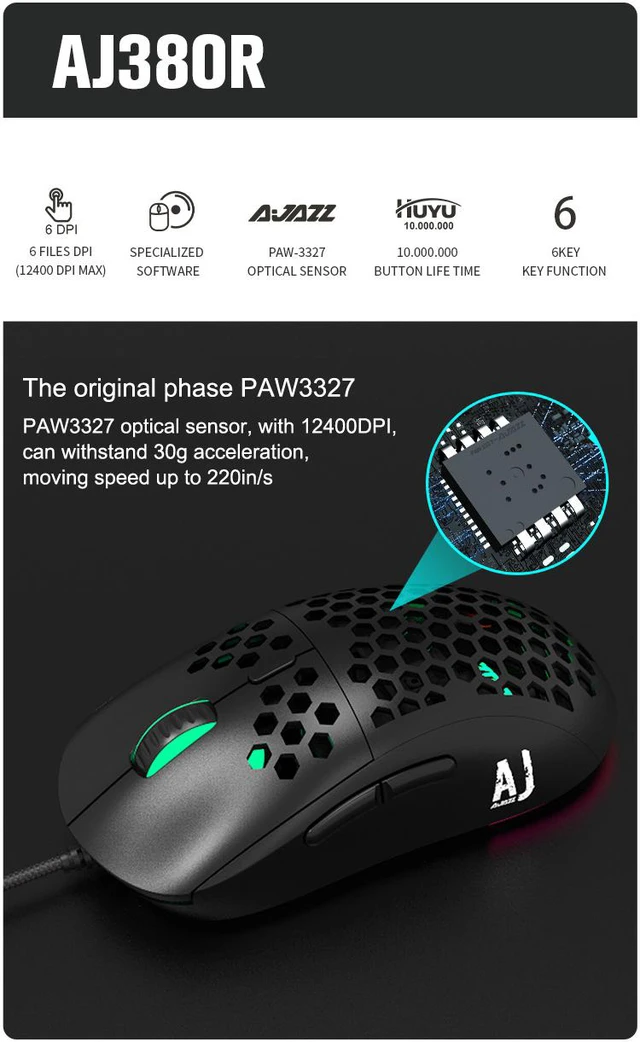 Alt view image 4 of 8 - AJ380R 12400DPI Ergonomic Gaming Mouse 6keys USB Wired Mouse Optical Computer Mice with Side Buttons Adjustable (PAW-3327 Chip)