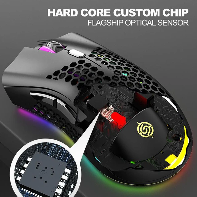 Alt view image 4 of 8 - 2.4GHz Wireless Gaming Mouse USB Rechargeable 1600DPI Adjustable 6 Key RGB Backlit Hollow Out Honeycomb Office Gamer Mice