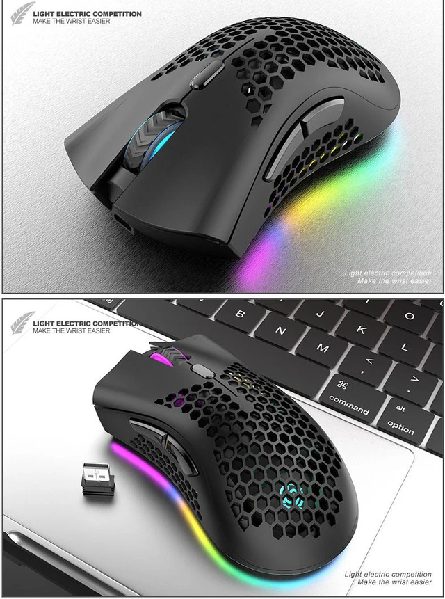 Alt view image 7 of 8 - 2.4GHz + Bluetooth Wireless Gaming Mouse USB Rechargeable 1600DPI Adjustable 6 Key RGB Backlit Hollow Out Honeycomb Office Gamer Mice