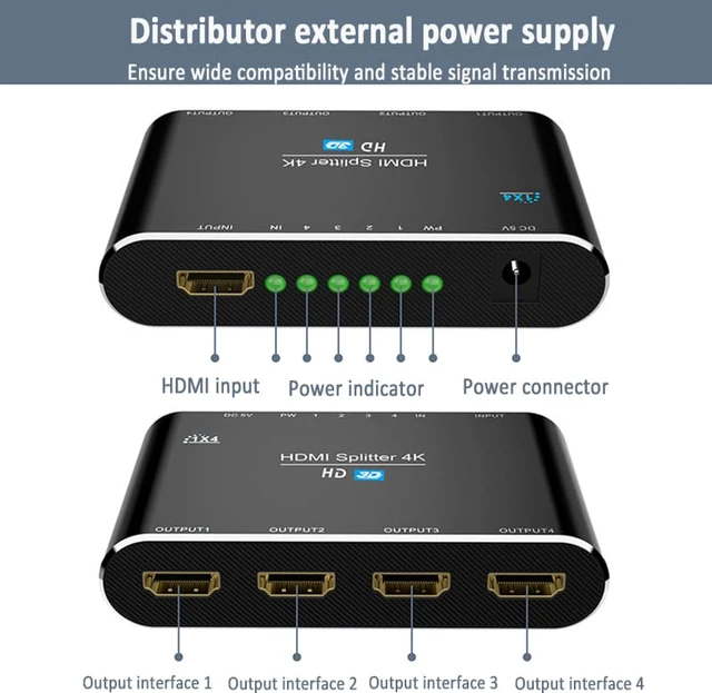 Alt view image 2 of 7 - 1 In 4 Out HDMI Splitter 4K*2K 3D 1x4 HDMI Splitter Full Ultra HD Support 3D & 4K for DVD PS3/4 Blu-Ray Player HDTV