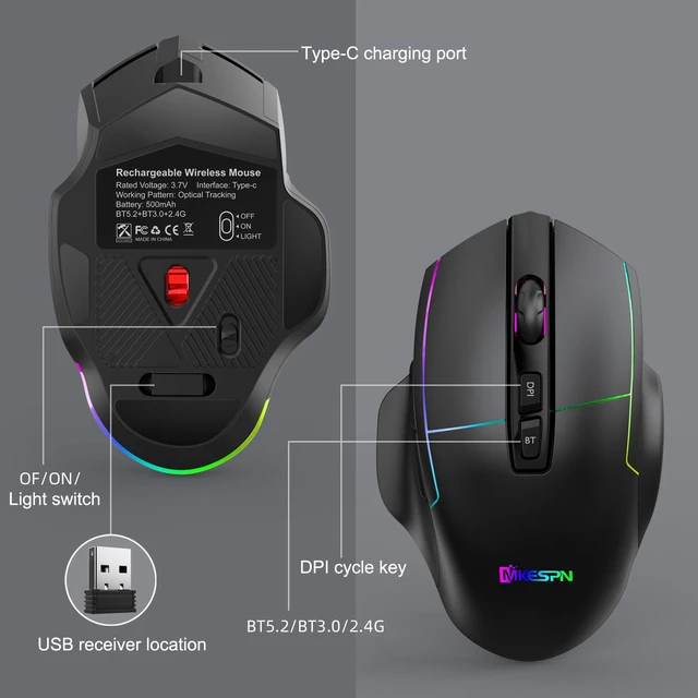 Alt view image 7 of 7 - 2.4Ghz + Bluetooth Mouse Three Mode Rechargeable Wireless RGB Gaming Mouse Quiet 7 Key Office Game Mice Computer Accessories