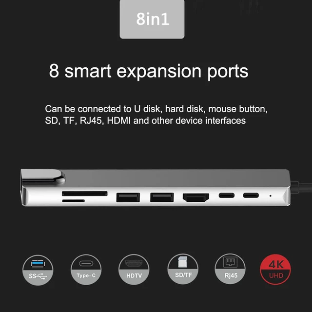 Alt view image 3 of 8 - USB Docking Station 8 In 1 Type-C To 4K RJ45 Docking Station USB 3.0 TF PD Charger Hub Adapter Fast Charger Dock Station