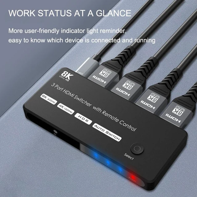 Alt view image 3 of 8 - 3 Port HDMI Switcher 3 In 1 Out 8K HDMI Switch 8K@60Hz 4K@120Hz 3D with Remote Control