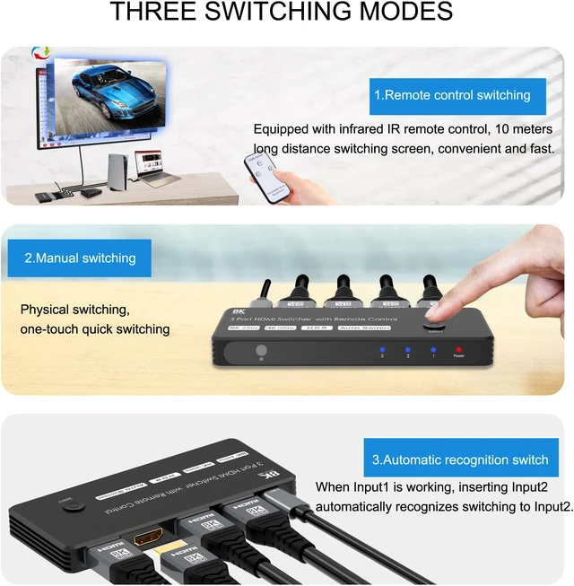 Alt view image 6 of 8 - 3 Port HDMI Switcher 3 In 1 Out 8K HDMI Switch 8K@60Hz 4K@120Hz 3D with Remote Control