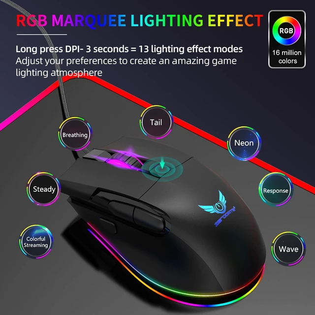 Alt view image 6 of 8 - Ergonomic RGB Gaming Mouse Macro Programming 7200DPI USB Wired Optical Mice