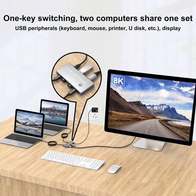 Alt view image 7 of 8 - USB-C 8K KVM Switch 2x USB-C PC to 1x DisplayPort Monitor KVM Switch Compatible with Thunderbolt 3/4 Sharing 3x USB2.0 Mouse Keyboard Printer