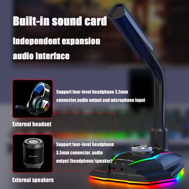 Alt view image 5 of 8 - Desktop Computer Capacitive USB Sound Card RGB Microphone with Noise Reduction 360° Rotate HD Receiver for Gaming Live Video
