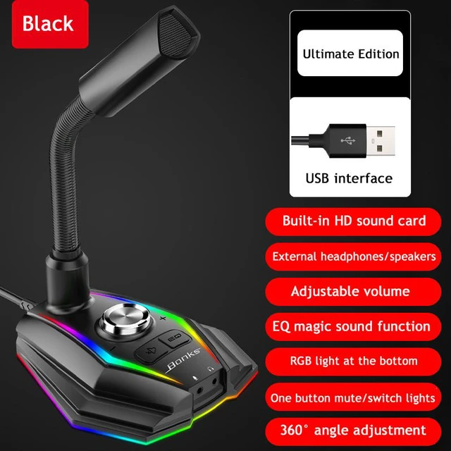 Alt view image 2 of 8 - Desktop Computer Capacitive USB Sound Card RGB Microphone with Noise Reduction 360° Rotate HD Receiver for Gaming Live Video