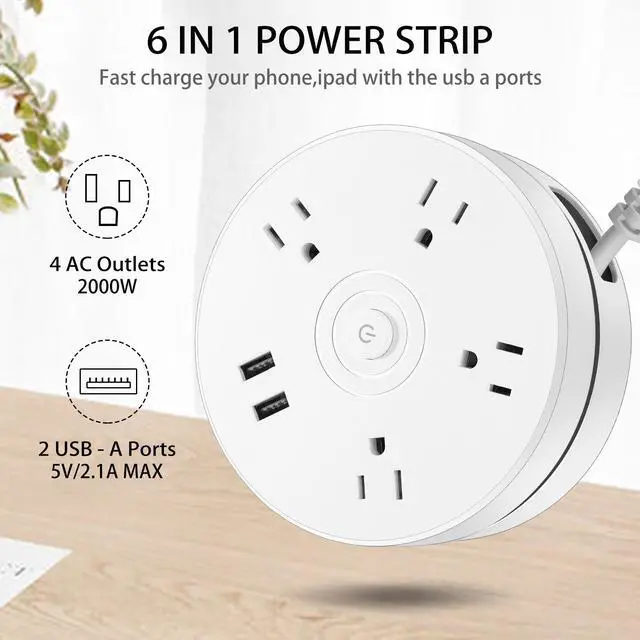 Alt view image 2 of 7 - Power Outlet Power Strip with 2 USB 5.2ft Retractable Extension Cord with 4 Wide Space outlets 2 USB Ports