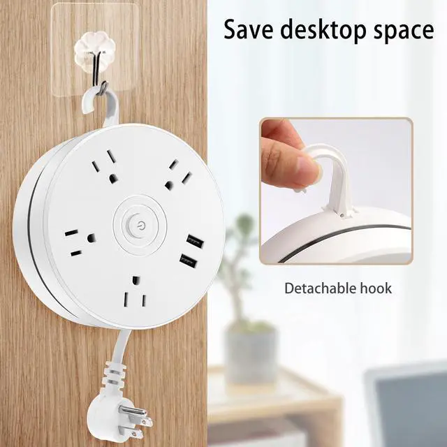 Alt view image 3 of 7 - Power Outlet Power Strip with 2 USB 5.2ft Retractable Extension Cord with 4 Wide Space outlets 2 USB Ports