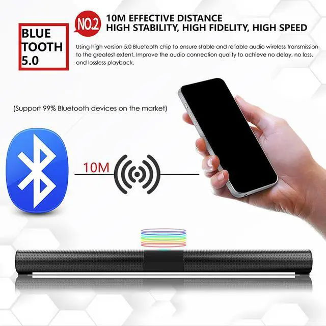 Alt view image 4 of 8 - Wired & Wireless Bluetooth Speaker Home Theater TV Soundbar 3D Stereo Surround Subwoofer Powerful Sound Bar with RGB Color Lighting FM Radio Remote Control