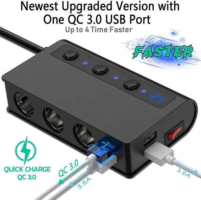 Alt view image 2 of 8 - Quick Charge 3.0 Cigarette Lighter Splitter 4-Port USB Car Charger 12V/24V 3-Socket 180W ON-OFF DC Power