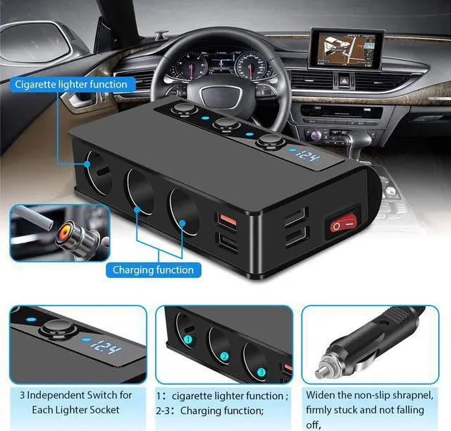 Alt view image 4 of 8 - Quick Charge 3.0 Cigarette Lighter Splitter 4-Port USB Car Charger 12V/24V 3-Socket 180W ON-OFF DC Power