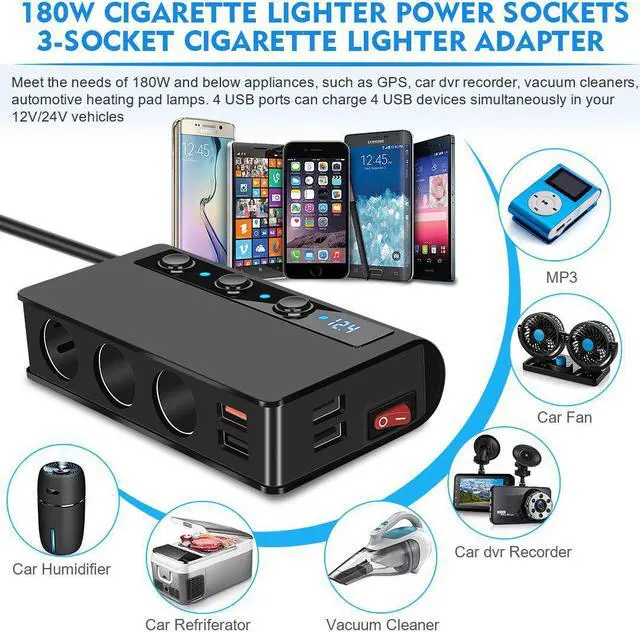 Alt view image 5 of 8 - Quick Charge 3.0 Cigarette Lighter Splitter 4-Port USB Car Charger 12V/24V 3-Socket 180W ON-OFF DC Power