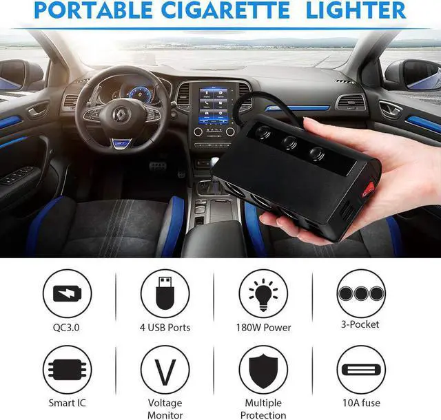 Alt view image 3 of 8 - Quick Charge 3.0 Cigarette Lighter Splitter 4-Port USB Car Charger 12V/24V 3-Socket 180W ON-OFF DC Power
