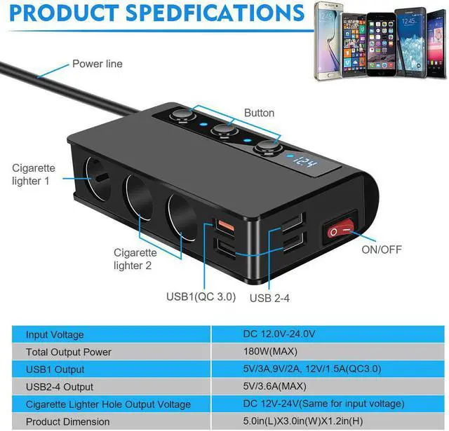 Alt view image 6 of 8 - Quick Charge 3.0 Cigarette Lighter Splitter 4-Port USB Car Charger 12V/24V 3-Socket 180W ON-OFF DC Power
