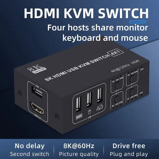 Alt view image 2 of 7 - 8K@60HZ / 4K@120HZ USB HDMI KVM Switch 4 in 1 Out USB HDMI KVM Switcher for Mouse Keyboard Sharing for PC Laptop Win7 Win10 MAC