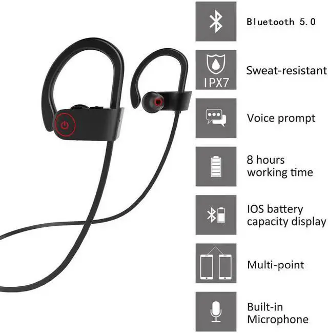 Alt view image 4 of 8 - IPX7 Waterproof Wireless Headset Sports Bass Wireless Bluetooth 5.0 Earphones With Microphone