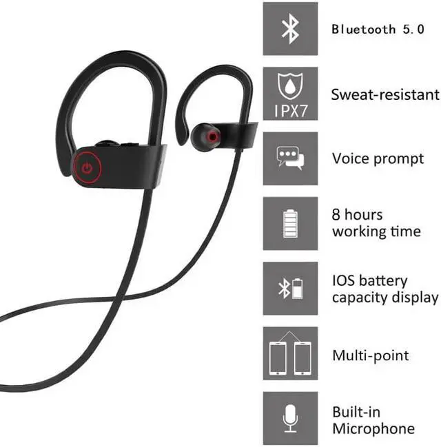 Alt view image 5 of 8 - IPX7 Waterproof Wireless Headset Sports Bass Wireless Bluetooth 5.0 Earphones With Microphone