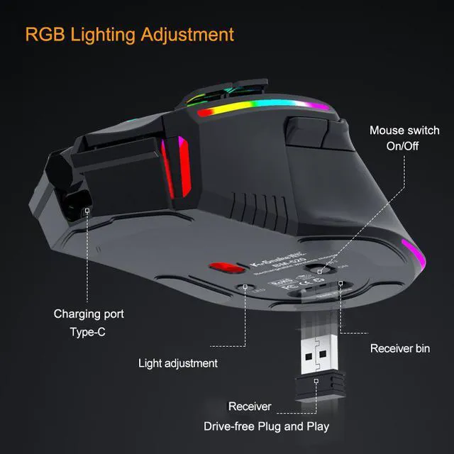 Alt view image 3 of 7 - 2.4G Wireless Gaming Mouse RGB Lighting Rechargeable Ergonomic 3200DPI Mice with USB Receiver for Desktop Laptop Computer