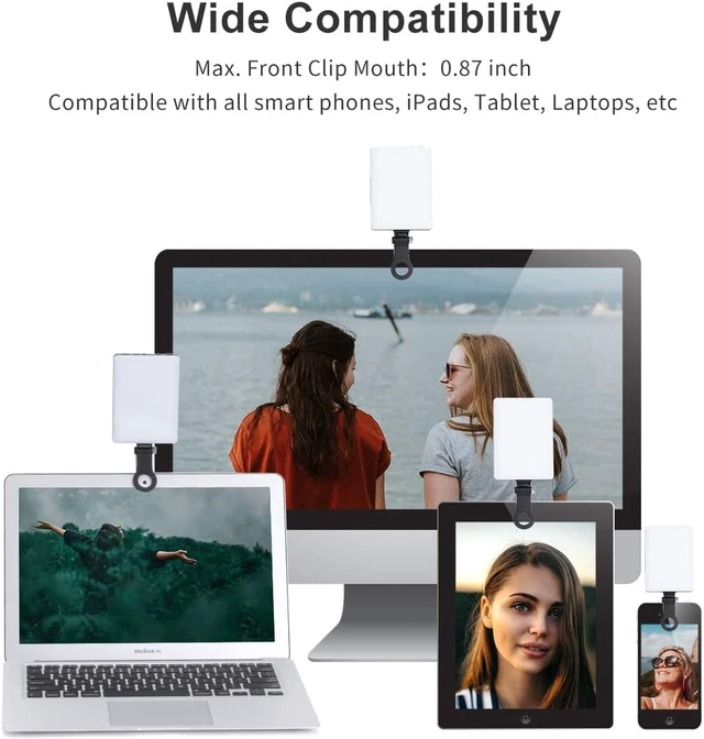 Alt view image 4 of 8 - 60 LED High Power Rechargeable Clip Fill Video Light with Front & Back Clip, Adjusted 3 Light Modes for Phone, iPhone, Android, iPad, Laptop, for Makeup, Selfie, Vlog, Video Conference