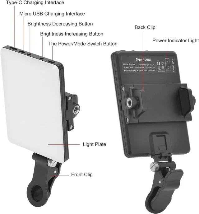 Alt view image 2 of 8 - 60 LED High Power Rechargeable Clip Fill Video Light with Front & Back Clip, Adjusted 3 Light Modes for Phone, iPhone, Android, iPad, Laptop, for Makeup, Selfie, Vlog, Video Conference