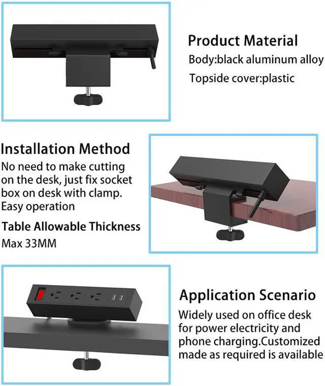 Alt view image 3 of 7 - 5 Ports Aluminum Alloy Desktop Edge Power Outlets with 2 USB Ports Desk Clamp Power Strip Fireproof Power Strip Multi-Outlets for Home Office - 5.9ft Cable