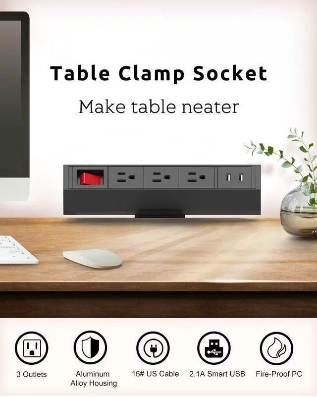 Alt view image 2 of 7 - 5 Ports Aluminum Alloy Desktop Edge Power Outlets with 2 USB Ports Desk Clamp Power Strip Fireproof Power Strip Multi-Outlets for Home Office - 5.9ft Cable