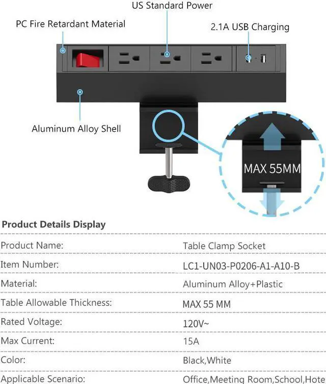 Alt view image 5 of 7 - 5 Ports Aluminum Alloy Desktop Edge Power Outlets with 2 USB Ports Desk Clamp Power Strip Fireproof Power Strip Multi-Outlets for Home Office - 5.9ft Cable