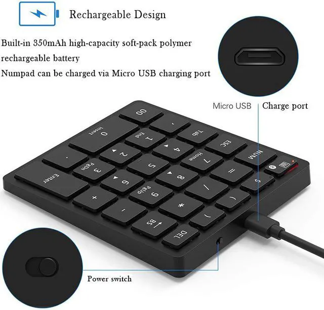 Alt view image 4 of 6 - Multifunctional 28-key Numeric Keypad 28 Keys Rechargeable Bluetooth Wireless Numeric Keyboard