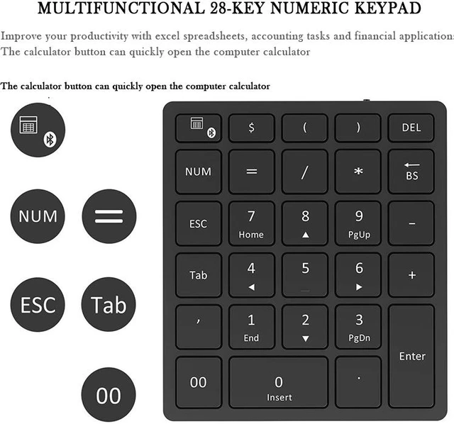 Alt view image 3 of 6 - Multifunctional 28-key Numeric Keypad 28 Keys Rechargeable Bluetooth Wireless Numeric Keyboard