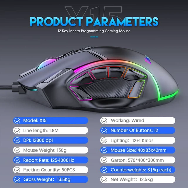 Alt view image 7 of 8 - Free Weight Macro Gaming Mouse 12 Programmable Keys USB Wired Game Mouse RGB Light Max to 6 levels 12800DPI for PC Mac Laptop