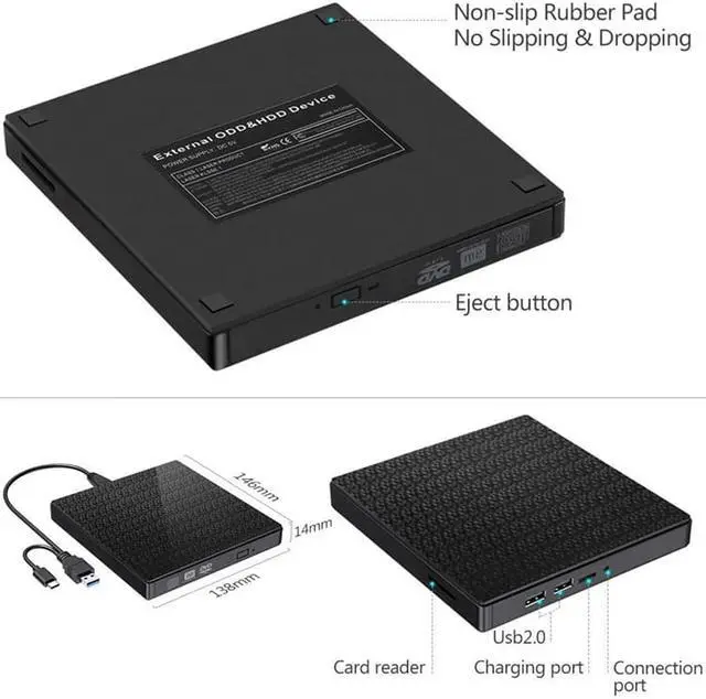 Alt view image 3 of 8 - External CD DVD Drive,Typec USB3.0 Portable CD DVD +/-RW Drive Player Rewriter Burner With SD TF Slot,for Laptop Desktop