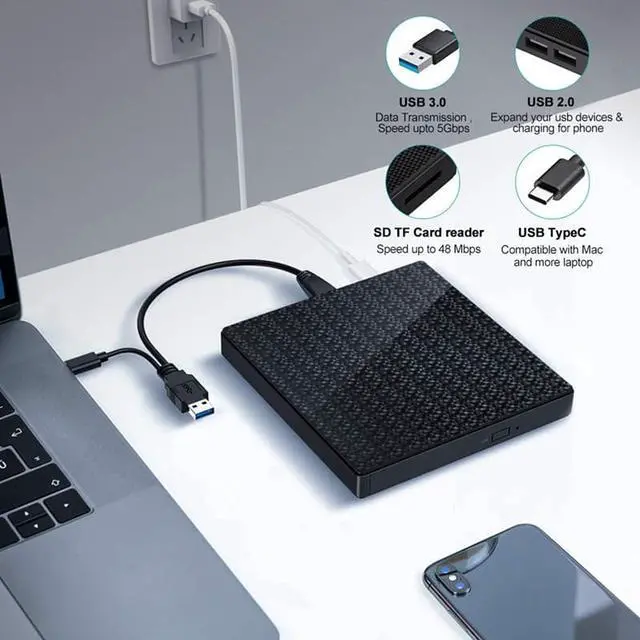 Alt view image 5 of 8 - External CD DVD Drive,Typec USB3.0 Portable CD DVD +/-RW Drive Player Rewriter Burner With SD TF Slot,for Laptop Desktop