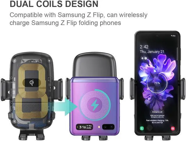 Alt view image 6 of 8 - 15W Fast Wireless Charging Dual Coil Car Charger Car Air Vent Clip Charger FOD Sensor for Samsung Z Flip 3 Foldable Phone iPhone