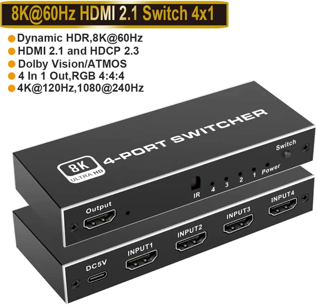 Alt view image 2 of 8 - HDMI Switcher 4 in 1 out 8K HDMI Switch 4-port HDMI Source 1 Display Adapter with IR Remote