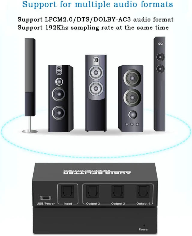Alt view image 6 of 8 - 3 Way Spdif Toslink Optical Digital Audio Splitter 1 input 3 Outputs Support LPCM 2.0 / DTS / AC3 Audio Switcher