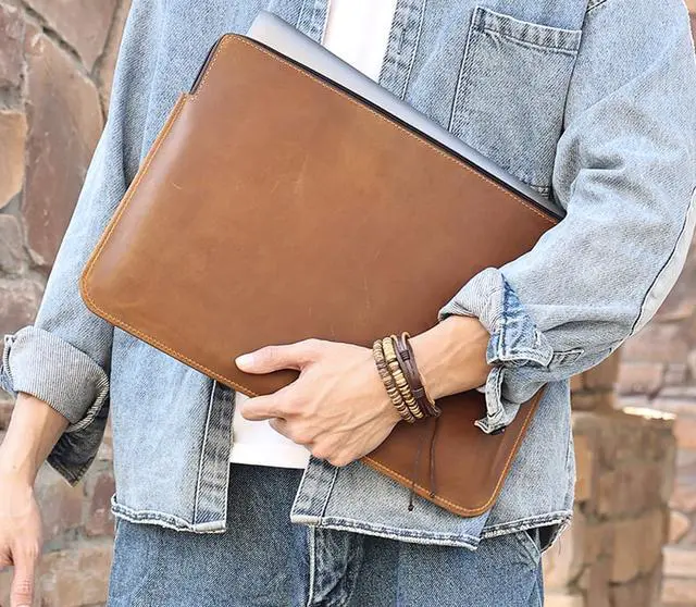 Alt view image 4 of 8 - Genuine Leather Laptop Sleeve Case 14 Inch Macbook Pro Notebook Carrying Bag for 14”Laptop Notebook