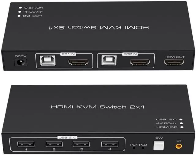 Alt view image 3 of 8 - KVM Switch HDMI 2 Port Box USB Switch selector with 4 USB 2.0 Hub 2 In 1 Out HDMI USB Switch Adapter Switcher 4Kx2K@60Hz Sharing USB Device,Printer,Scanner,Keyboard,Mouse,Wire Control /Body Controller