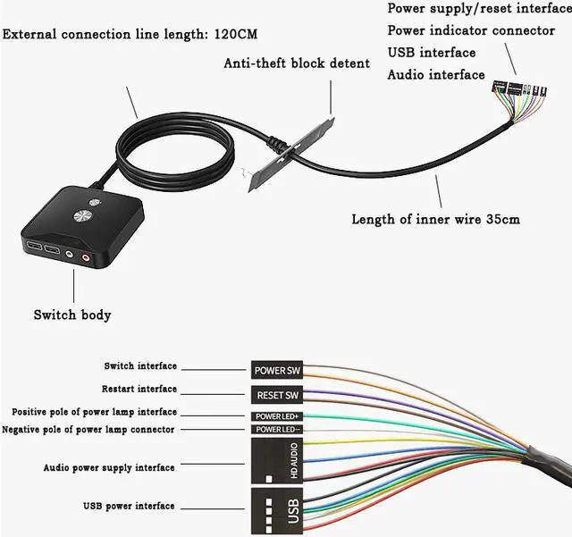 Alt view image 6 of 8 - Desktop Computer Switch Button Extension Cord with Dual USB Audio Desktop Host External On/Off Start / Reset /Audio Button Paste Type Computer Switch