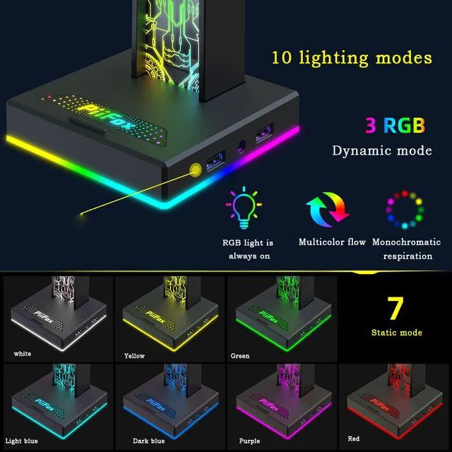 Alt view image 4 of 7 - RGB Headset Holder RGB Gamer Headphone Stand with 2 USB Charger Ports & 3.5mm Audio Jack