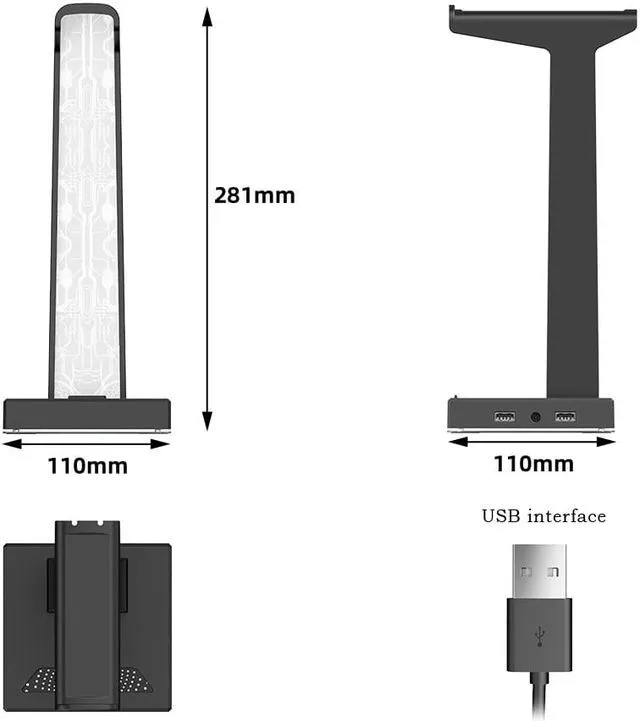 Alt view image 3 of 7 - RGB Headset Holder RGB Gamer Headphone Stand with 2 USB Charger Ports & 3.5mm Audio Jack