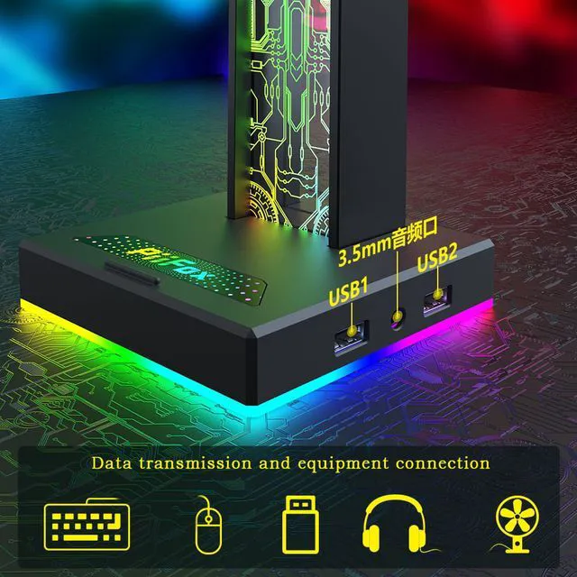 Alt view image 5 of 7 - RGB Headset Holder RGB Gamer Headphone Stand with 2 USB Charger Ports & 3.5mm Audio Jack