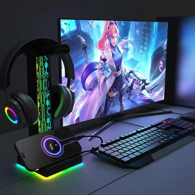 Alt view image 6 of 7 - RGB Headset Holder RGB Gamer Headphone Stand with 2 USB Charger Ports & 3.5mm Audio Jack